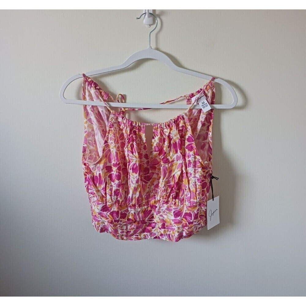 Japna Womens Juniors Floral Halter Crop Top Open Back Orange Pink M